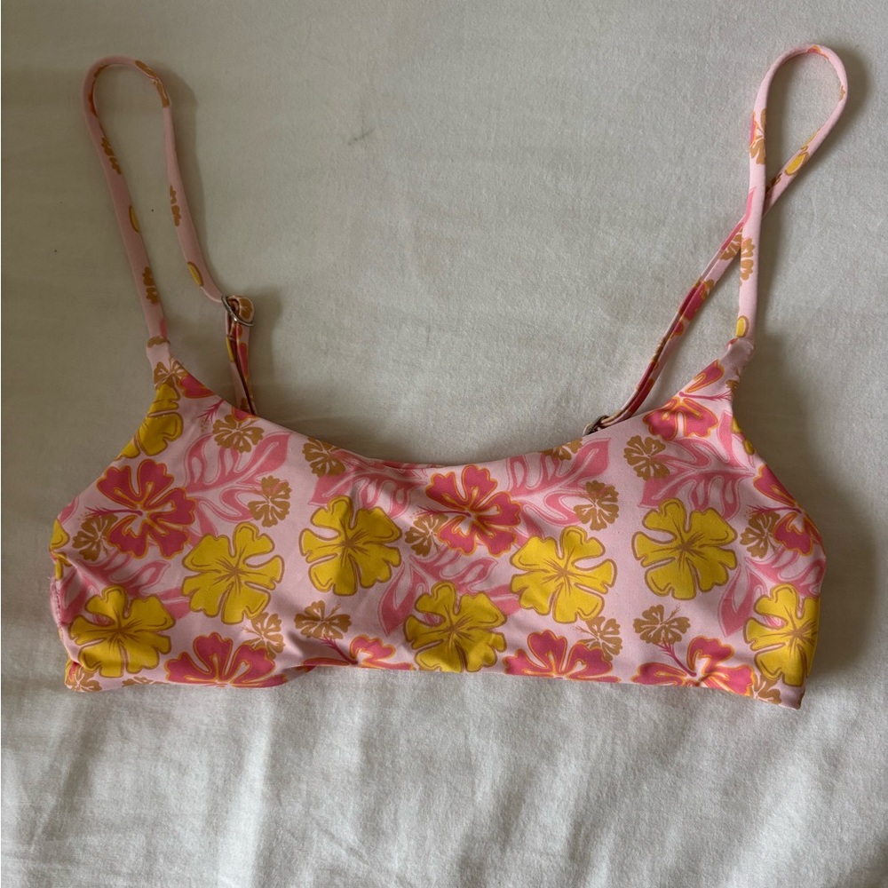 Grey Bandit Bikini Top Pink and Yellow Hibiscus